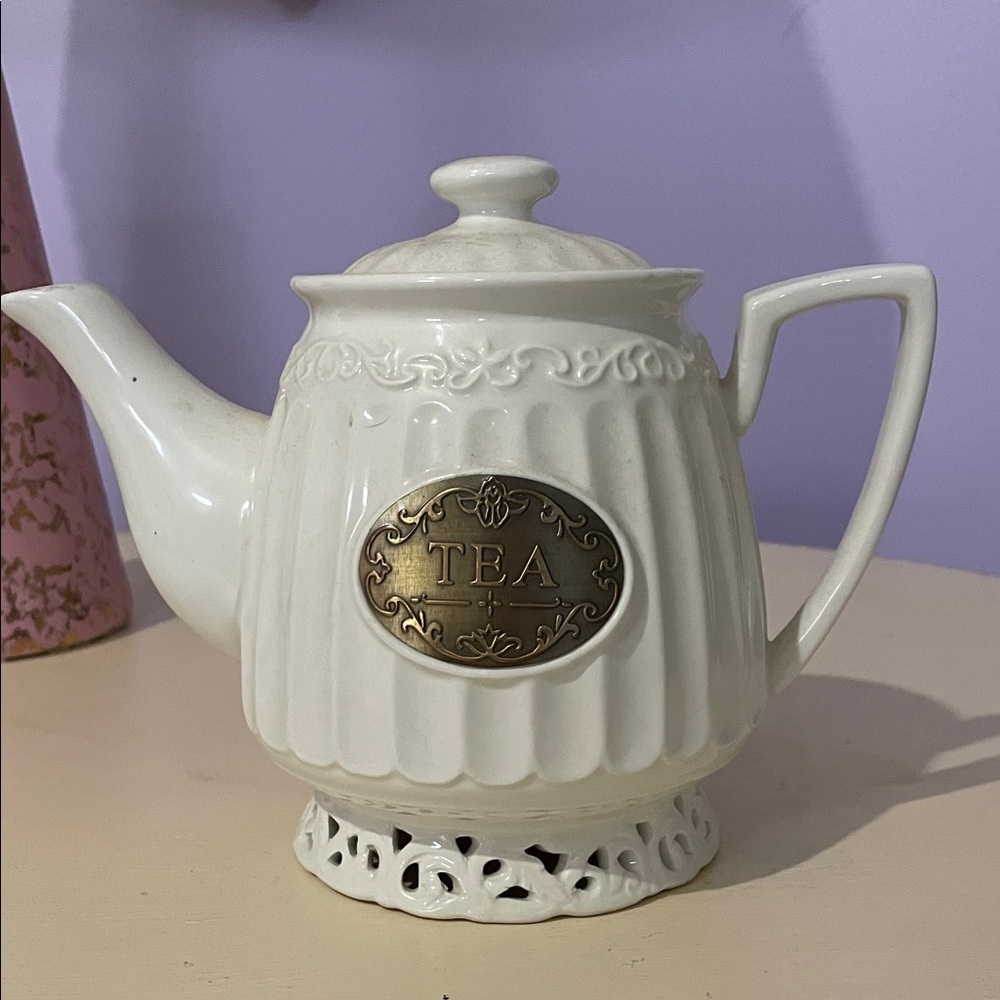 Elegant French White Ceramic Teapot with Gold Accent
